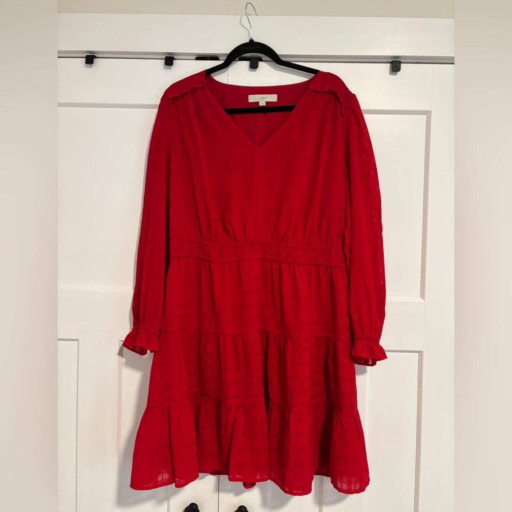 LOFT Red Windowpane V-Neck Dress